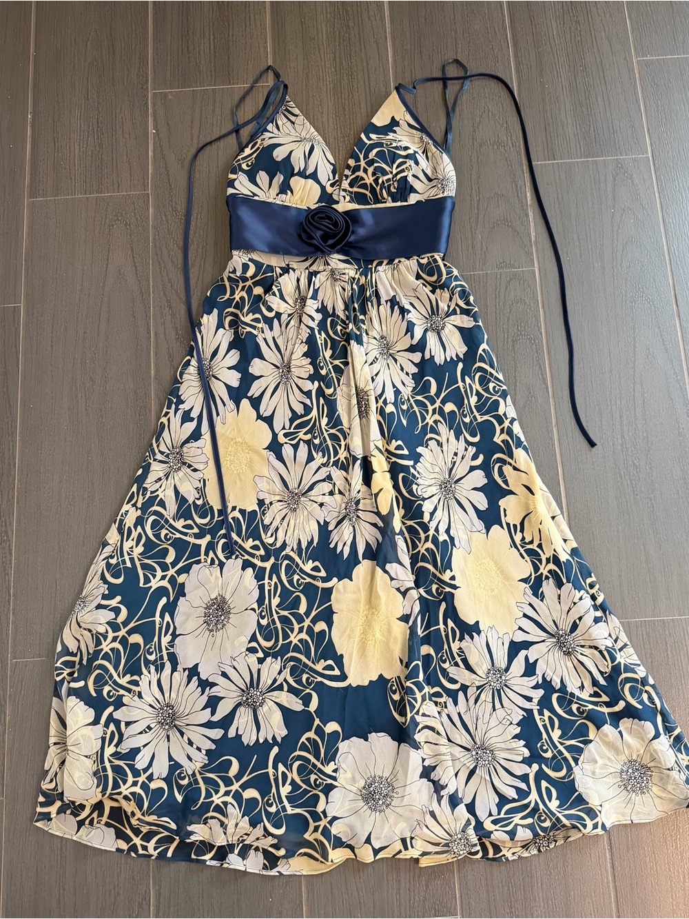 BCBG Navy and Cream Floral Silk Dress with Satin Waistband
